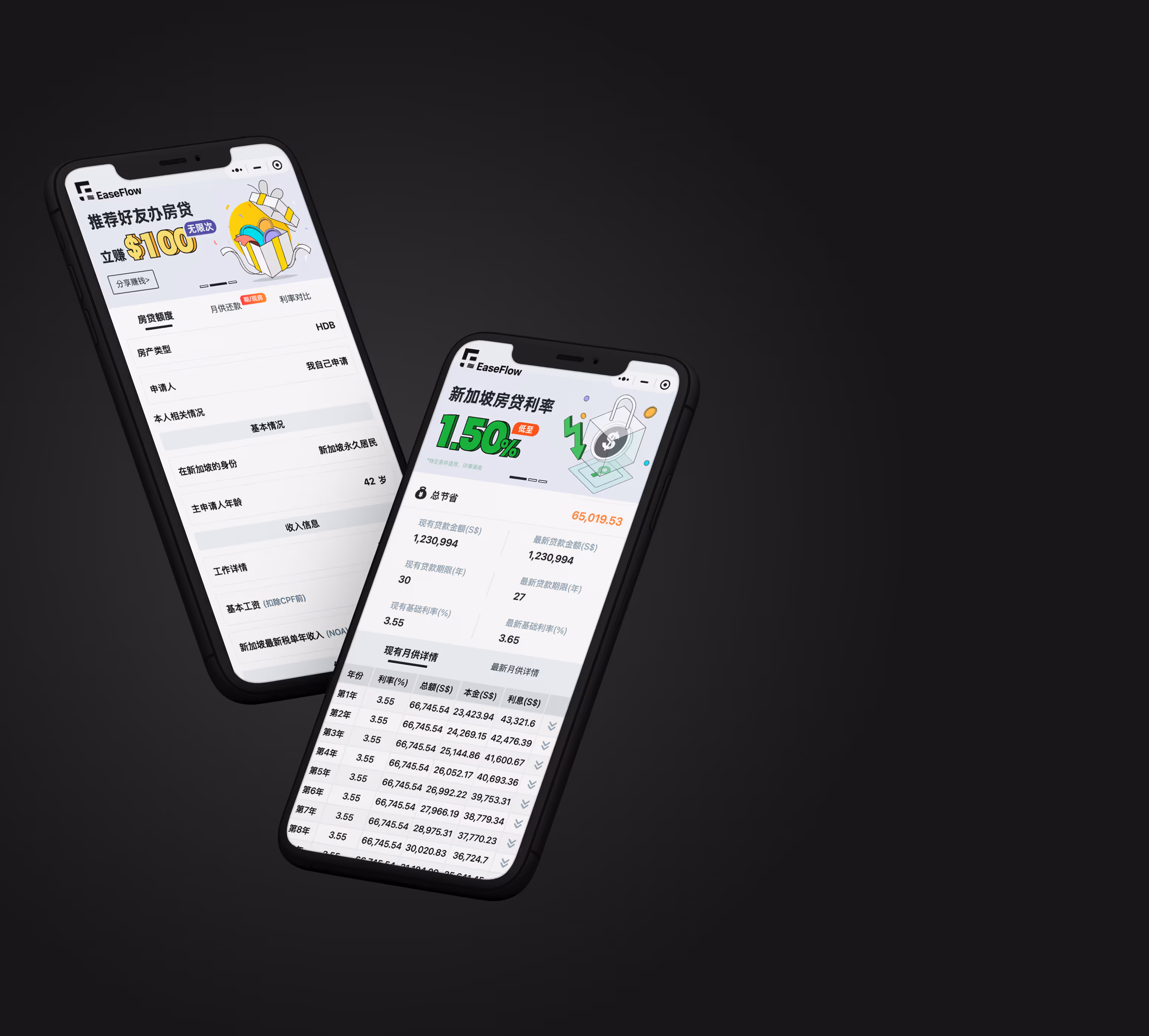 两部黑色智能手机显示EaseFlow应用的房贷利率和贷款详情界面，背景为深色。