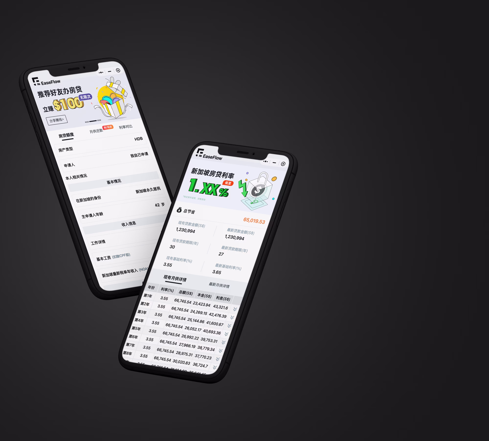 两部黑色智能手机显示EaseFlow应用的房贷利率和贷款详情界面，背景为深色。