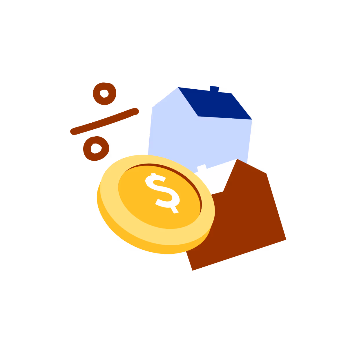 两栋房子和一个带美元符号的硬币及百分比符号,象征房贷利率。