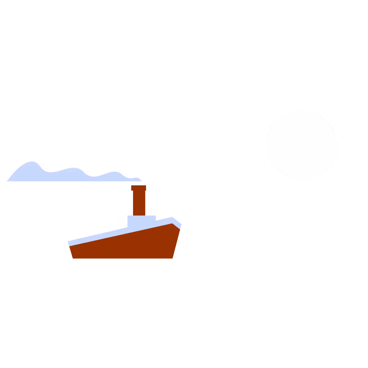 红色蒸汽船在带有蓝色云朵的夜晚大海上航行,明月高悬。